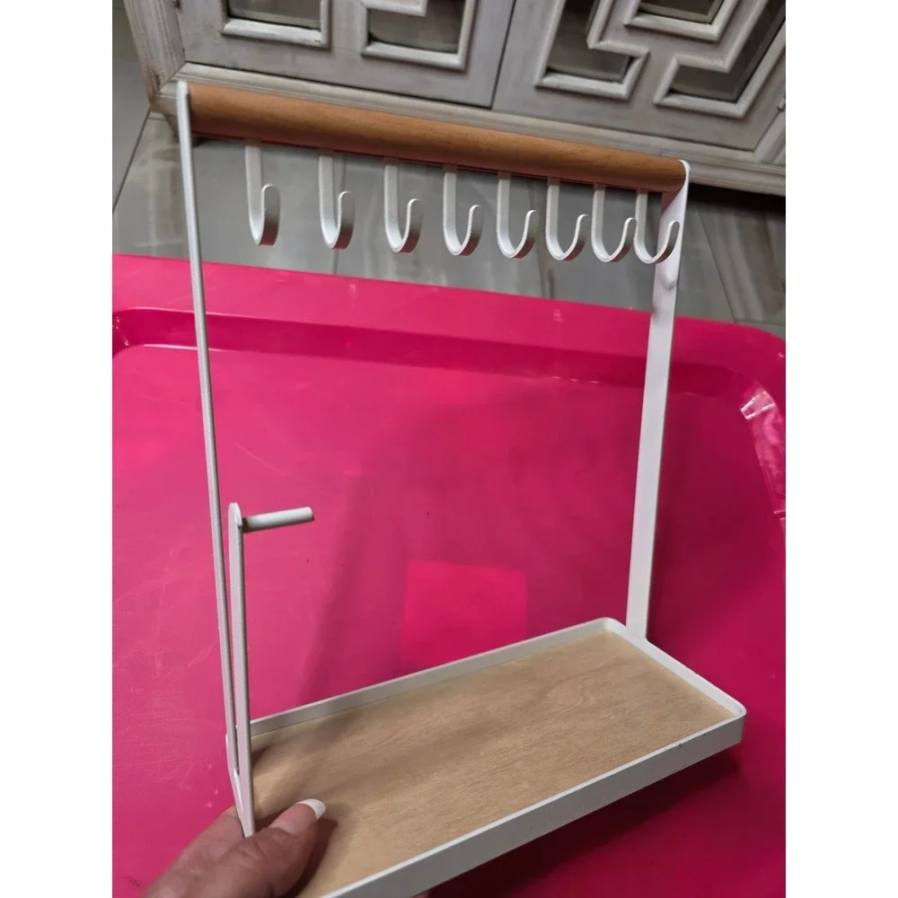 Modern White Metal and Wood Jewelry Stand Organizer‎ with 8 Hooks and Tray